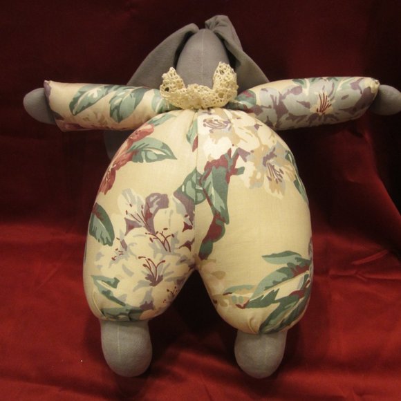 VTG STUFFED BUNNY DECORATION, LONG GRAY EARED BUNNY IN FLORAL OUTFIT - Picture 3 of 5